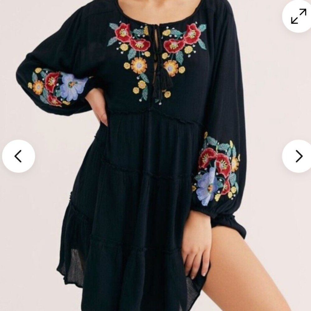 Free People Black Spell On You Embroidered Smock Ruffle Dress Women's Size Small